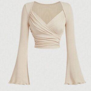 Overlapping Bell Sleeve Ruched Crop Top – Apricot (2XL)